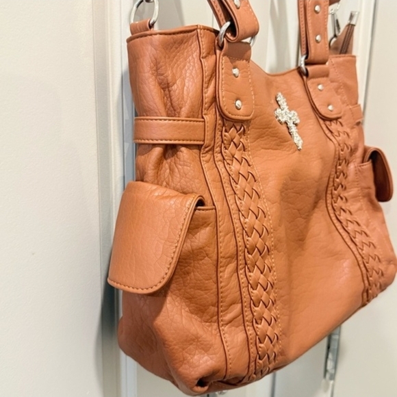 Women’s Tan Tote Bag with Decorative Cross - Picture 9 of 13